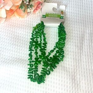 Green Plastic Happy Saint Patrick's Day Necklace! Clover Leaves & Beads 60"